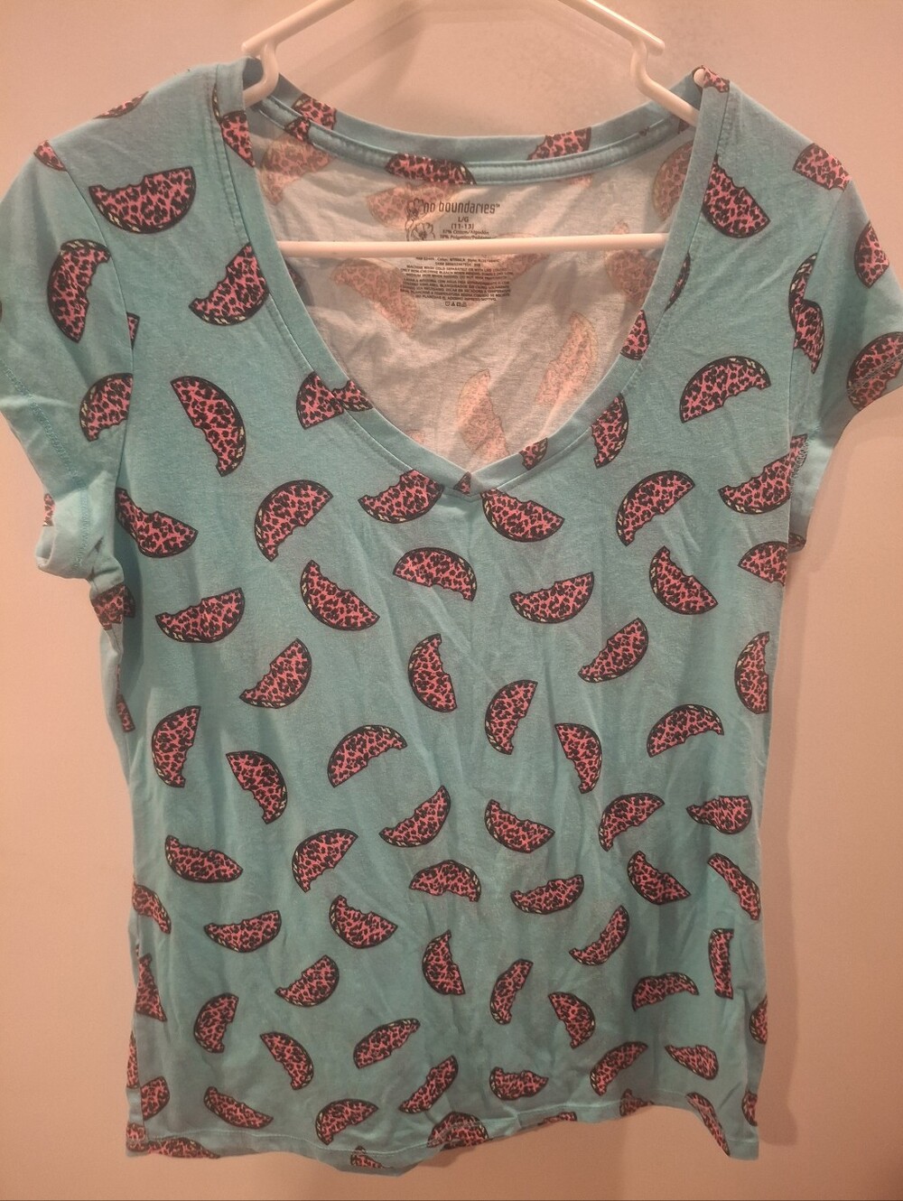 No Boundaries Aqua V-Neck Tee with Pink Taco Print